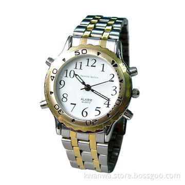 Wrist watch for ladies and gentlemen, with time and date talking functions, made with metal